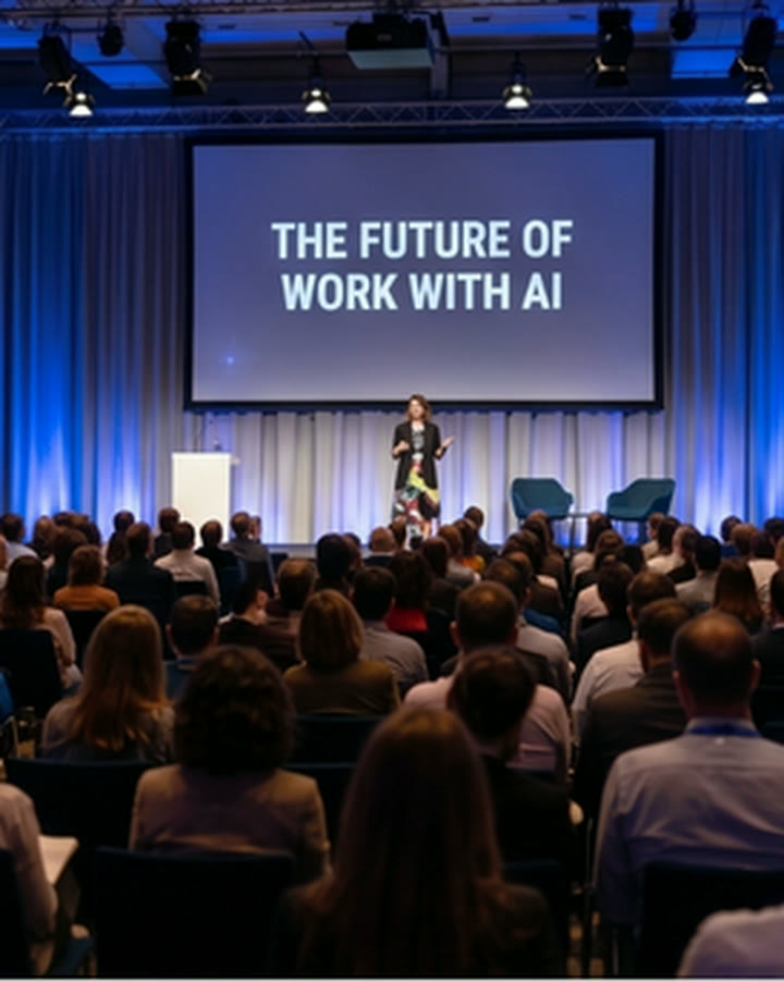Maria speaking on a conference stage in front of a slide reading The future of work with AI