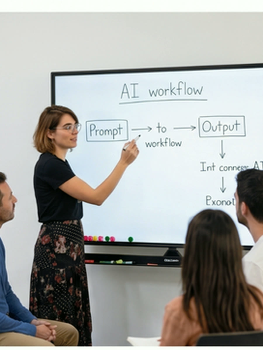 Maria teaching an AI workflow at a whiteboard in front of a seated team